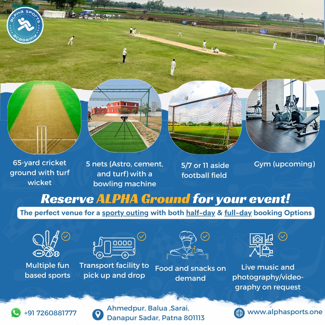 ALPHA Sports Academy में कॉरपोरेट मैच या टूर्नामेंट के लिए करवा सकते हैं  ग्राउंड की बुकिंग, क्रिकेट एवं फुटबॉल और अन्य खेलों के लिए भी की जाती है